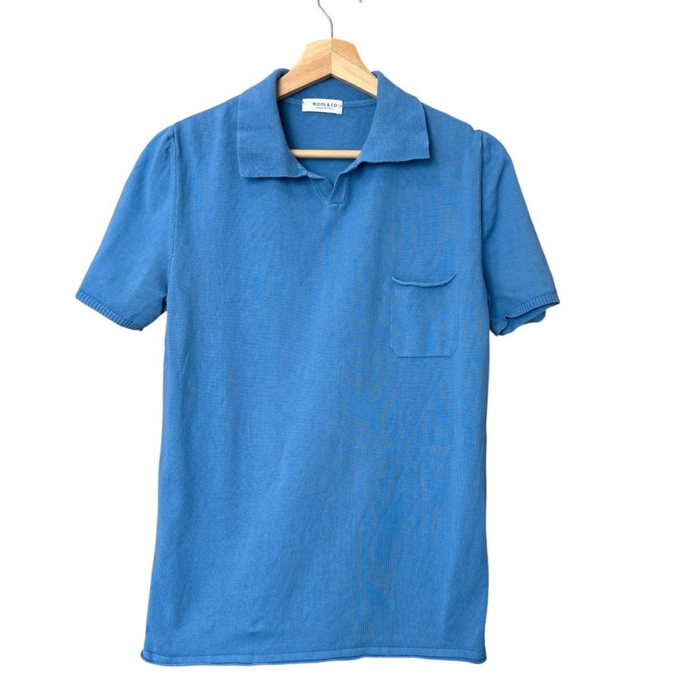 Wool & Co Blue Open Polo Shirt 100% Cotton made‎ in Italy Size Small